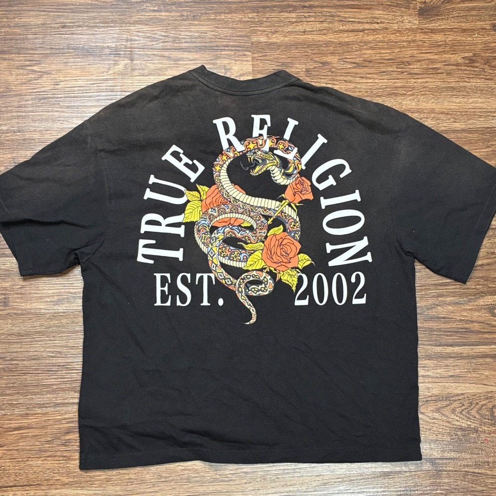 True Religion Snake & Roses Graphic T-Shirt Men's M Black Front Back Print
